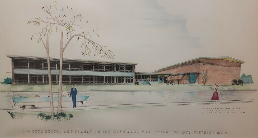 an architect's drawing of the new 14 room school and gymnasium from April, 1956