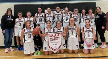 photo of girls basketball team holding SPAA Jr Girls Basketball Champions banner from 2022